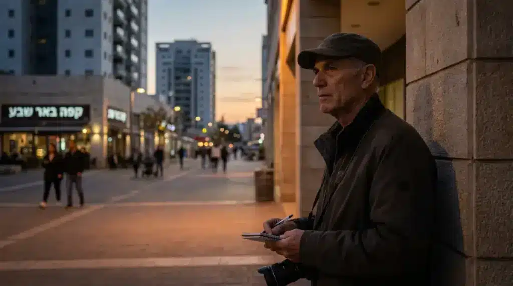 צלם רחוב מבוגר נשען על קיר אבן וכותב בפנקס, על רקע מדרחוב עירוני הומה בבאר שבע בשעת בין ערביים. שלט "קפה באר שבע" מואר ברקע.