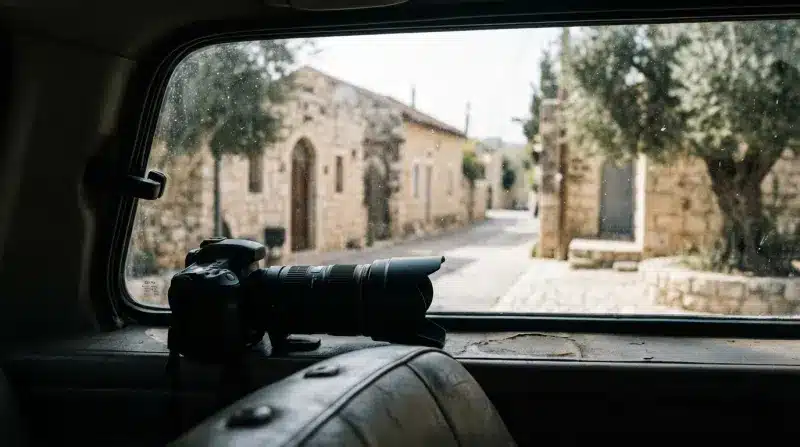 מצלמת DSLR מקצועית עם עדשת זום גדולה מונחת בתוך רכב וינטג', משקיפה דרך החלון האחורי על סמטת אבן בכפר עתיק ומטושטש.