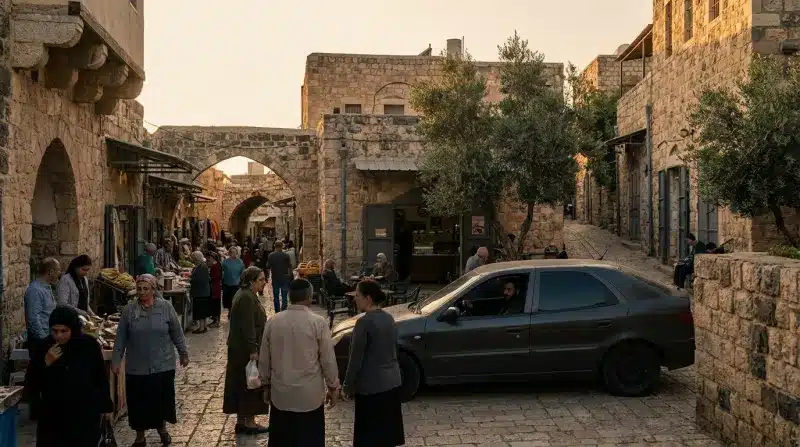רחוב שוק הומה אדם בעיר עתיקה בנוית אבן, עם מכונית בצד הדרך בשעות בין הערביים