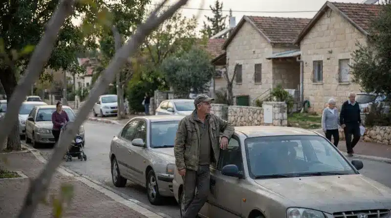 איש מבוגר חובש כובע ומעיל נשען על מכונית כסופה ברחוב מגורים שקט עם בתי אבן, בזמן שאנשים אחרים הולכים על המדרכה.