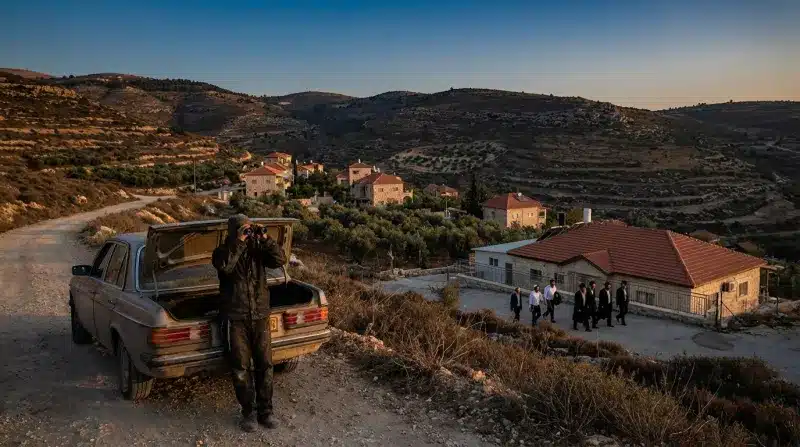 גבר משקיף במשקפת ליד מכונית סובארו ישנה, וקבוצת גברים חרדים צועדים לעבר בית בהתנחלות בגדה המערבית.