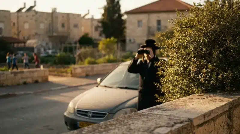גבר חרדי מביט במשקפת מעל חומת אבן ברחוב בשכונת מגורים בשעת בין ערביים.