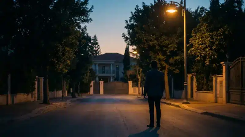 אדם עומד לבדו ברחוב יוקרתי בלילה, מביט לעבר וילה גדולה ומוארת.