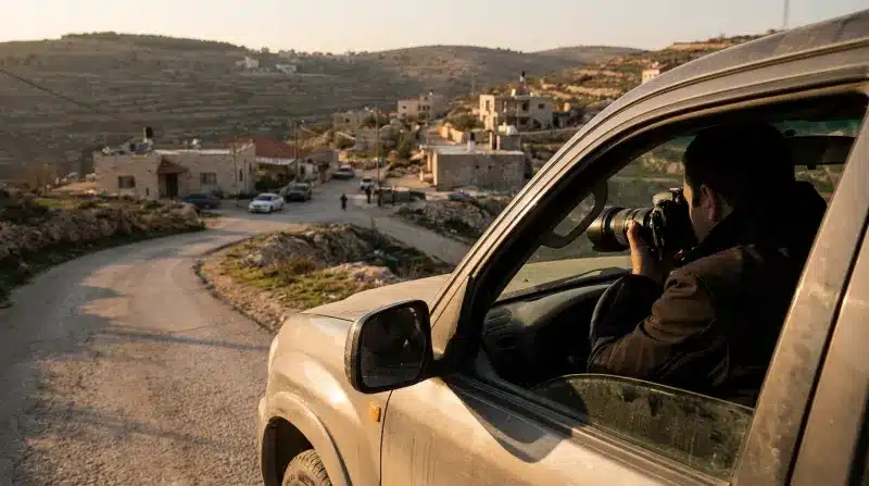 צלם יושב ברכב ומצלם במצלמת DSLR כפר עם בתי אבן באזור הררי