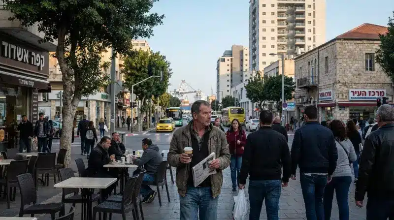 הולך רגל אוחז קפה ועיתון ברחוב סואן במרכז העיר אשדוד, בסמוך ל"קפה אשדוד". ברקע נראים אוטובוסים, מוניות ומנופי הנמל.