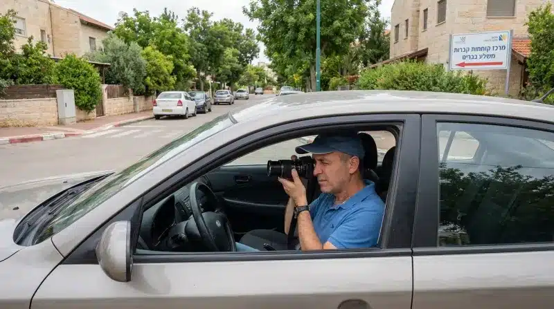 גבר בתוך רכב מצלם בעזרת מצלמה עם עדשת זום גדולה ברחוב מגורים בישראל