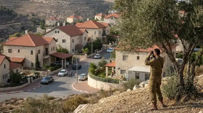 חייל צה"ל במדים עומד על גבעה ומשקיף במשקפת על שכונת מגורים ביישוב ביהודה ושומרון.