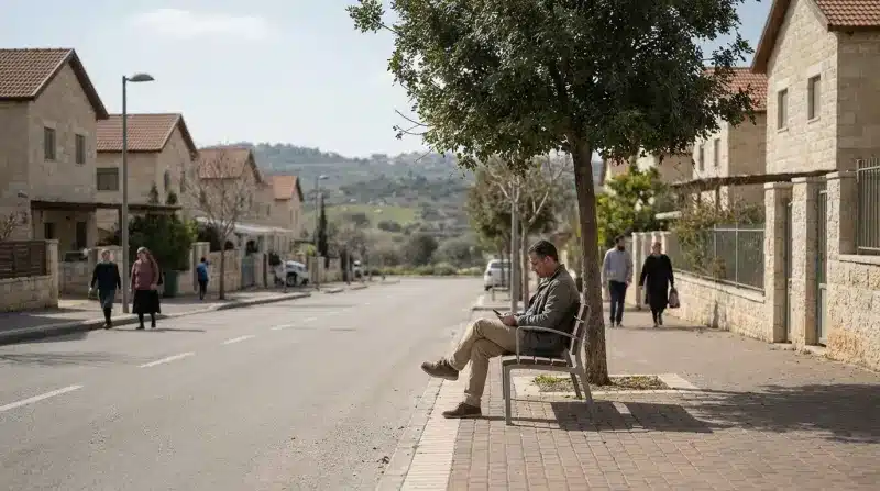 גבר יושב על ספסל ברחוב מגורים שקט, מביט בטלפון הנייד שלו, עם בתי אבן ואנשים הולכים ברקע.