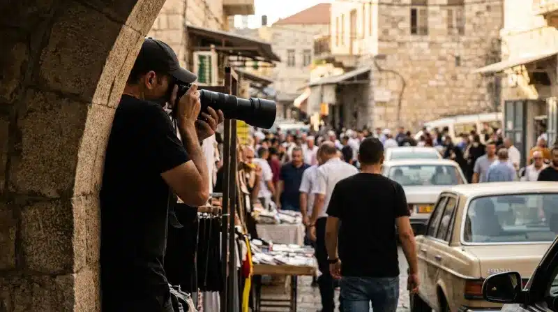 צלם רחוב עם עדשת טלפוטו מצלם ממסתור בשוק הומה בעיר העתיקה בירושלים.