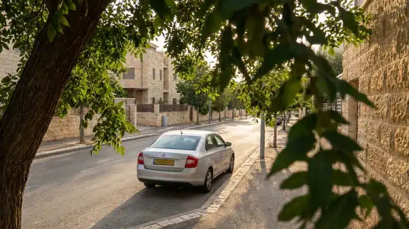 רכב כסוף חונה ברחוב שקט עם בתי אבן ועצים בישראל