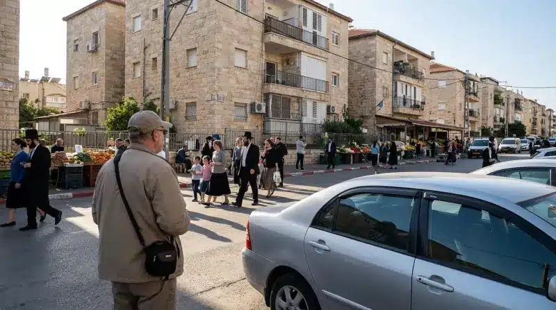 צילום רחוב תוסס בשכונת בית ישראל בירושלים, המציג תושבים חרדים, משפחות ועוברים ושבים חוצים כביש ליד בנייני אבן ודוכני רחוב.