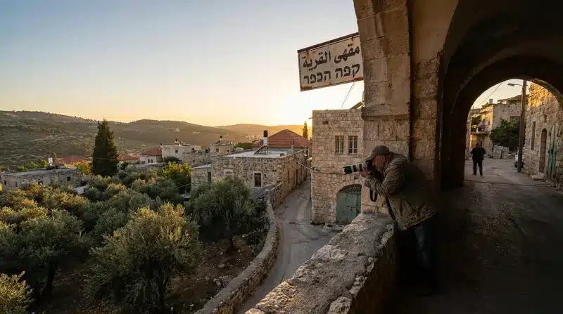 צלם עומד תחת קשת אבן ומצלם נוף של כפר עתיק עם בתי אבן ושלט של "קפה הכפר" בשקיעה.