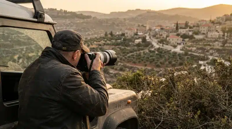 צלם טבע במהלך סדנת צילום, נשען על ג'יפ לנד רובר ומצלם נוף כפרי הררי בשקיעה כחלק מטיול שטח.