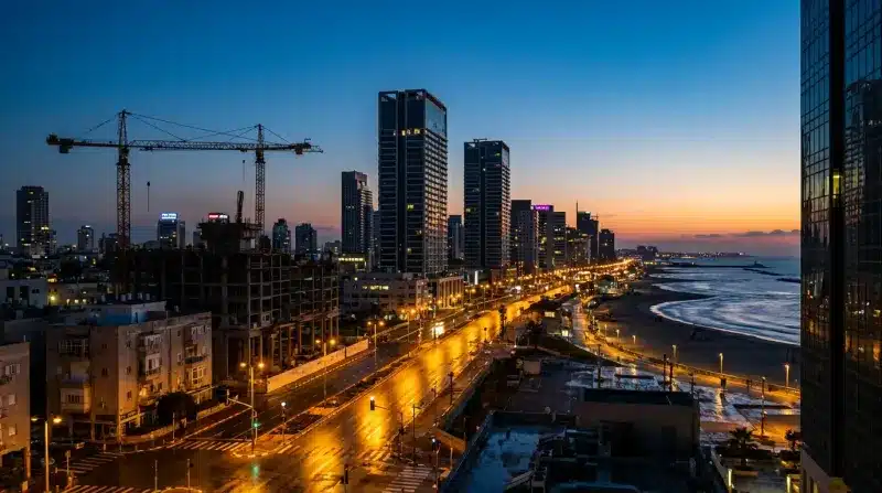 קו הרקיע של תל אביב בשעת שקיעה, עם גורדי שחקים, אתרי בניה, וכביש החוף המואר.