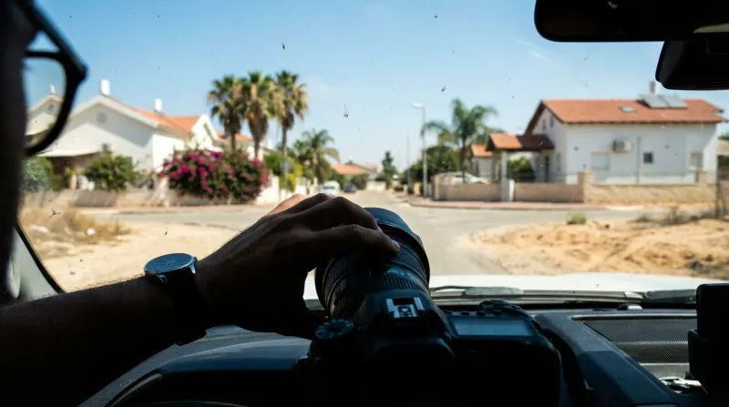 צלם אוחז במצלמת DSLR עם עדשת טלפוטו גדולה מתוך רכב, משקיף על רחוב מגורים שטוף שמש.