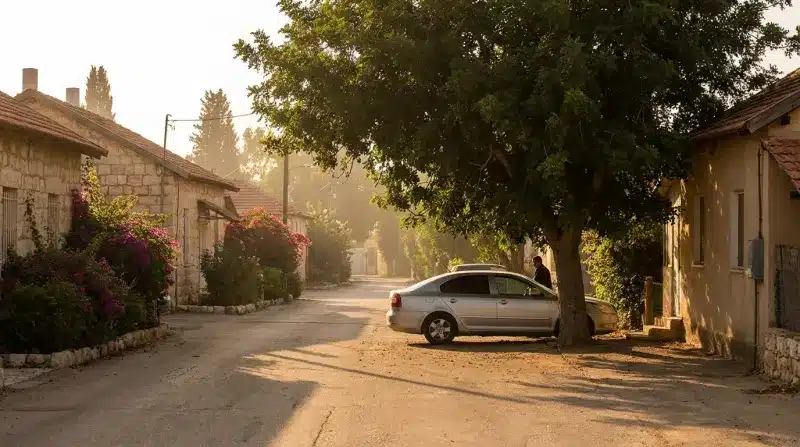 רחוב כפרי במושב עם בתי אבן עתיקים, שיחי בוגנוויליה פורחים, ועץ גדול מצל על רכב כסוף באור זריחה רך