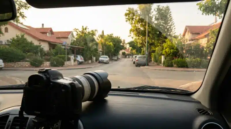 מצלמת DSLR מקצועית עם עדשת זום גדולה מותקנת על דשבורד של רכב נוסע ברחוב פרברי בישראל בשעת שקיעה.
