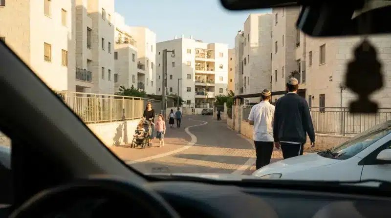 מבט מתוך מכונית על רחוב בשכונה דתית בישראל, עם אנשים צועדים ובניינים מחופים אבן ירושלמית