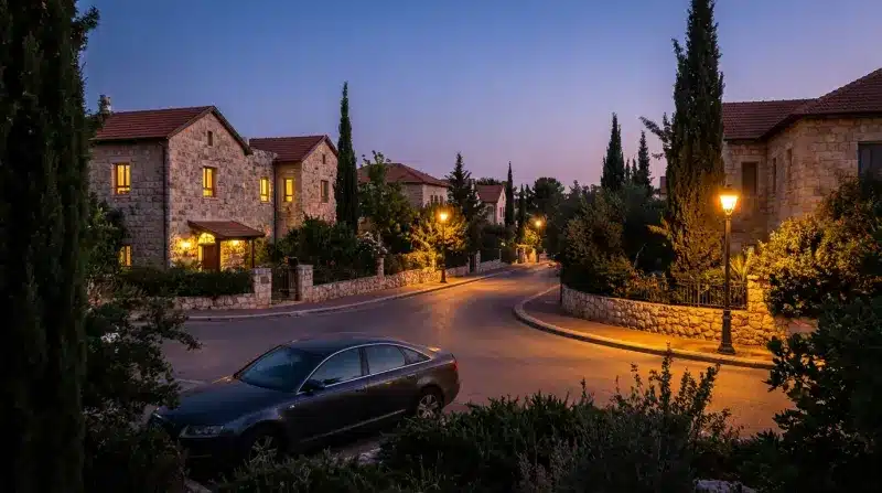 רחוב בשכונת מגורים יוקרתית בירושלים בשעת דמדומים, עם בתי אבן ירושלמית, פנסי רחוב דולקים, עצי ברוש ומכונית חונה.