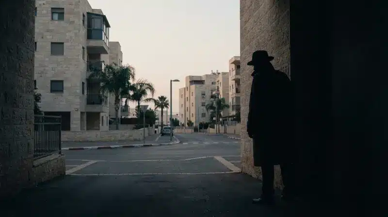דמות מסתורית בצללית עומדת בפתח קשת אבן ומביטה לעבר רחוב שקט בשכונת מגורים בשעת דמדומים.