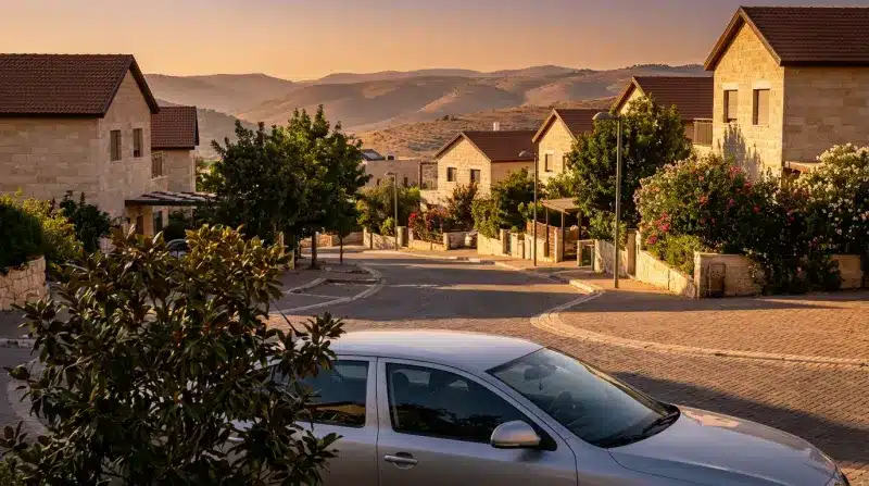 רחוב פסטורלי ביישוב קהילתי עם בתים צמודי קרקע מאבן, מכונית כסופה חונה ונוף גבעות בשקיעה.
