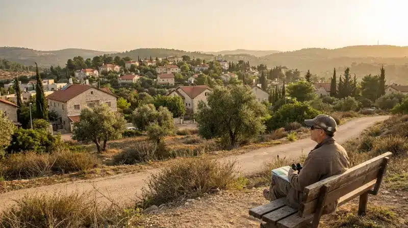 מטייל מבוגר עם מפה ומשקפת יושב על ספסל, צופה בנוף כפר בהרים, חלק משביל ישראל