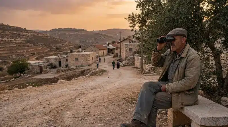 איש מבוגר יושב על ספסל אבן ומביט במשקפת לעבר כפר כפרי בנוף הררי בשעת השקיעה.