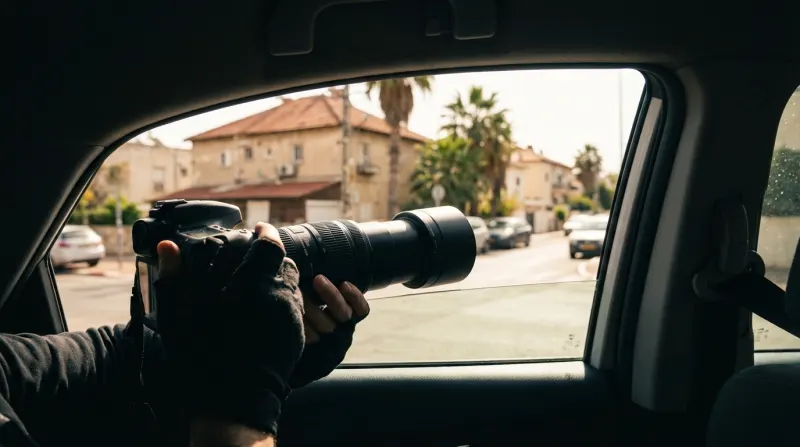צלם עם מצלמת DSLR ועדשת טלפוטו ארוכה מצלם מתוך חלון הרכב האחורי לעבר רחוב.
