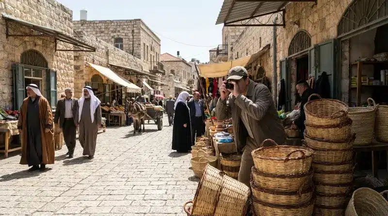 צלם רחוב בפעולה בשוק אבן עתיק והומה, מוקף בסלי קש ואנשים מקומיים.