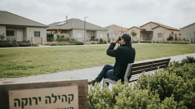 גבר יושב על ספסל ציבורי ומסתכל דרך משקפת לעבר שכונת מגורים, עם שלט "קהילה ירוקה" בקדמת התמונה.
