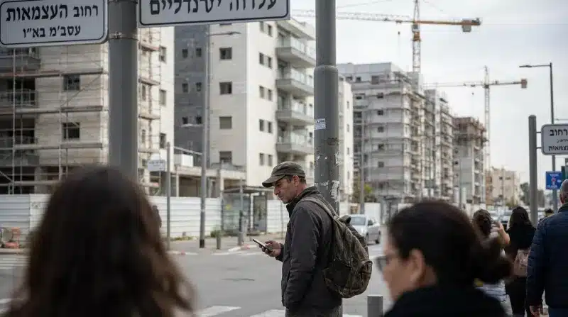 איש מביט בטלפון נייד בצומת רחובות העצמאות וירושלים, על רקע אתרי בנייה פעילים ומנופים.