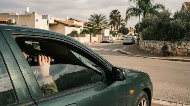 חייל צה"ל מביט במשקפת מתוך רכב אזרחי בעוד חייל נוסף נמצא ברקע, במהלך מלחמת חרבות ברזל.