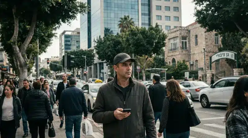גבר ישראלי הולך במעבר חצייה ברחוב עירוני סואן בישראל, אוחז בטלפון נייד, על רקע שלט "גן ציבורי" ובניינים, כחלק מכתבה על סיקור תקשורתי בינלאומי.