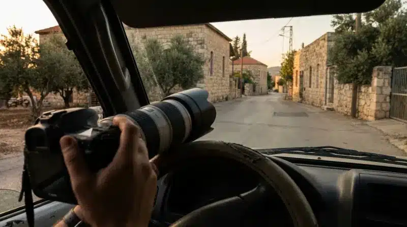 צלם בתוך רכב מחזיק מצלמה עם עדשת טלפוטו ארוכה ומצלם רחוב בכפר עם בתי אבן