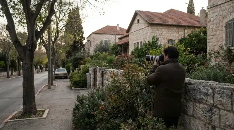 צלם עיתונות עם מצלמה בעלת עדשה ארוכה מצלם ברחוב בשכונה ירושלמית ותיקה