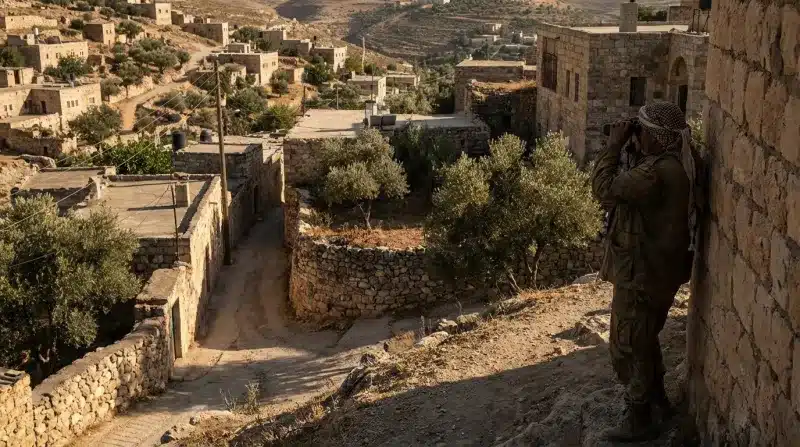 חייל חובש כאפייה מביט במשקפת לעבר כפר בנוי אבן באזור הררי