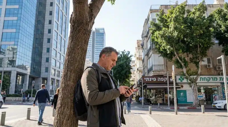 גבר בגיל העמידה נשען על עץ ומשתמש בטלפון חכם ברחוב עירוני בתל אביב, מוקף בבניינים ועוברי אורח