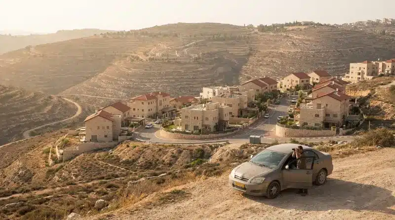 צלם משקיף על התנחלות בגבעות יהודה ושומרון, עם רכב בדרך עפר