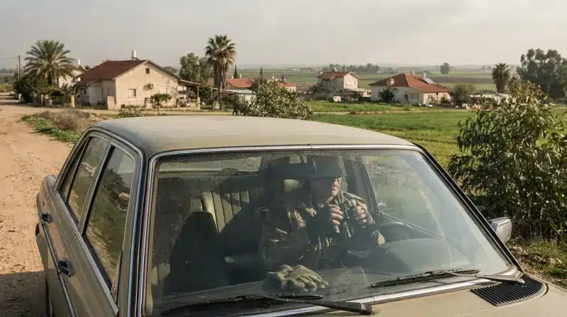 אדם מבוגר יושב בתוך מכונית ישנה ומאובקת, מביט דרך משקפת, על שביל עפר ביישוב כפרי עם שדות ובתים ברקע.