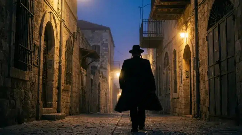 איש חרדי הולך בסמטה עתיקה ומוארת באורות רחוב חמים בלילה, ככל הנראה בירושלים או בצפת.