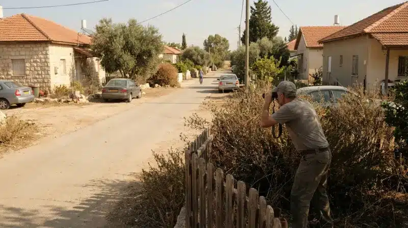 איש עם מצלמה ועדשת טלפוטו מצלם מאחורי גדר ביישוב כפרי.