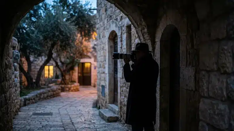 צלם עם מצלמה ועדשה ארוכה עומד בסמטת אבן עתיקה בשעת בין הערביים, ממוסגר על ידי קשת אבן.
