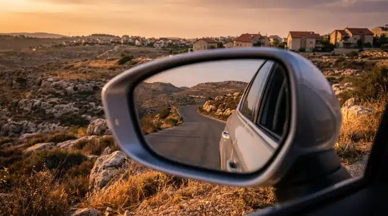 מראת צד של רכב המציגה השתקפות של כביש מפותל בנוף הררי ויבש בשעת שקיעה, עם יישוב ברקע.